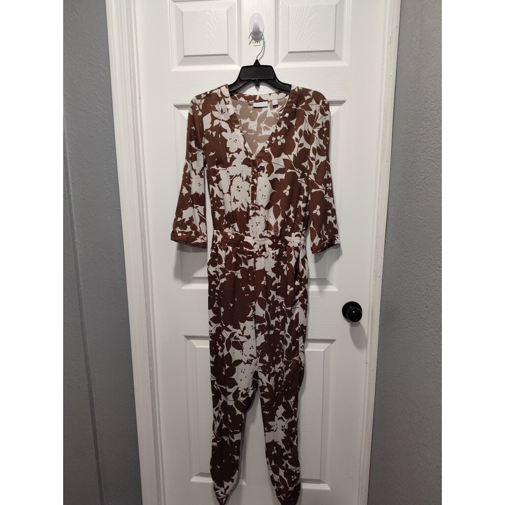 New York & Co‎ Womens Brown Cream Floral Leaf Print VNeck Jumpsuit Size XSmall - Picture 2 of 12
